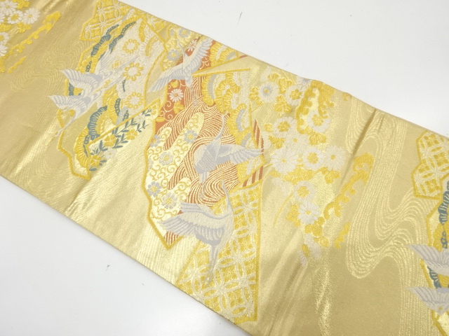 JAPANESE KIMONO / FUKURO OBI / SILK / WOVEN JIGAMI & CRANES & FLORAL PLANTS